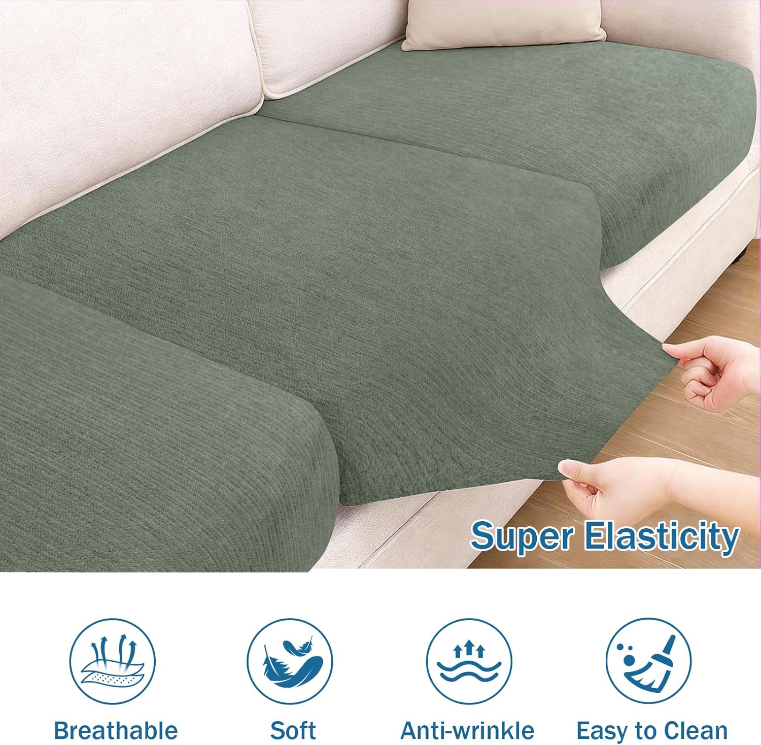 Waterproof Couch Cushion Covers - Stretch Washable Slipcover with Elastic Non-Slip Design, Furniture Protector for Pets,Kids (3 Cushion Oversized Sofa, Green)