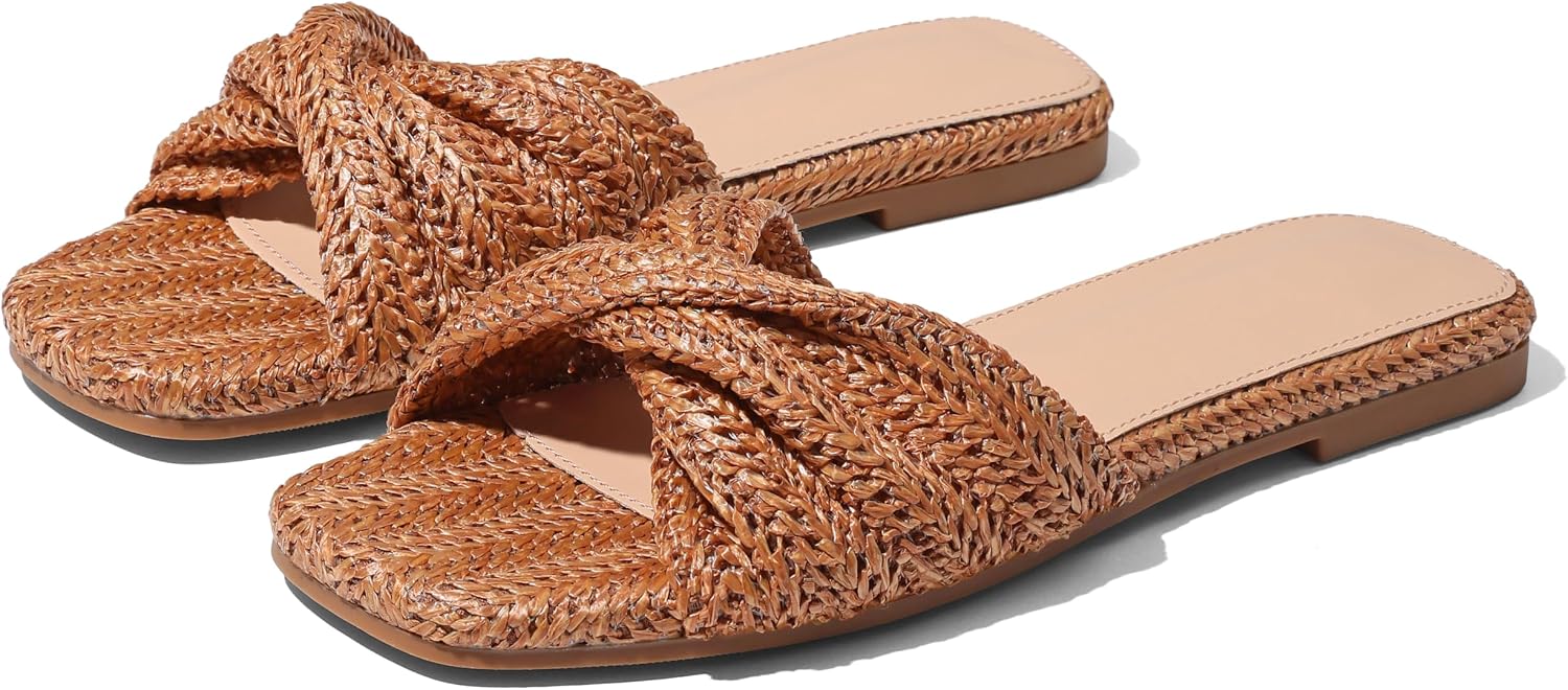 EQAUDES Raffia Flat Sandals for Women Straw Woven Braided Twist Slip On Slides - Summer, Open Toe, Beach, Comfort, Dressy