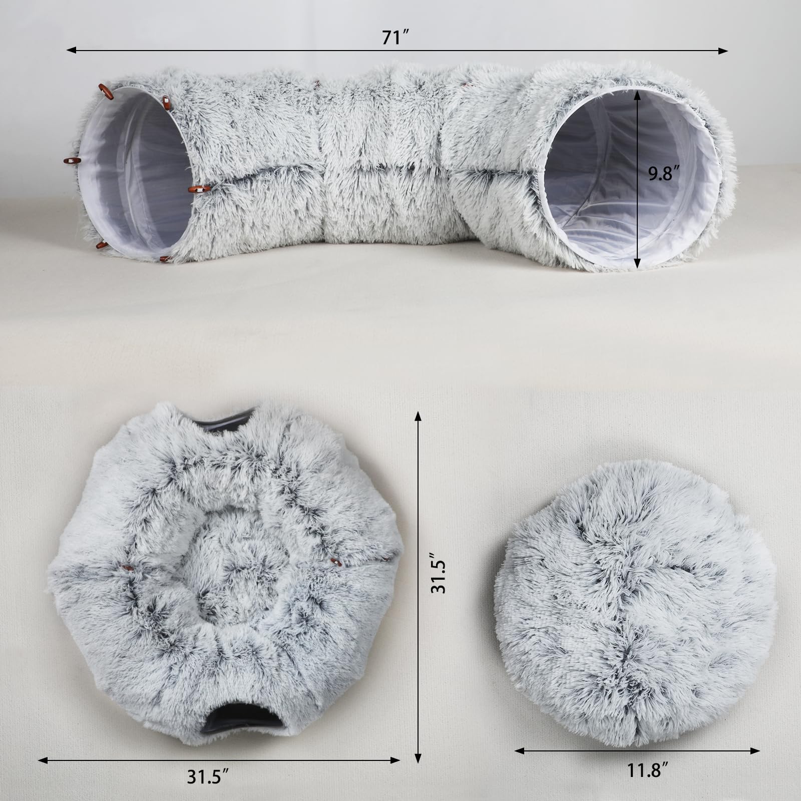 Túnel de felpa para gatos de interior, túnel plegable de dona para gatos con tapete central, tubo de cueva esponjoso para gatos con bola colgante para gato, gatito, conejo, cachorro, hurón