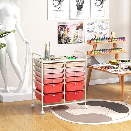 Vista 146 de LDAILY Carrito de almacenamiento con ruedas de 15 cajones, carrito rodante con cajones para aula, organizador de manualidades con ruedas con marco