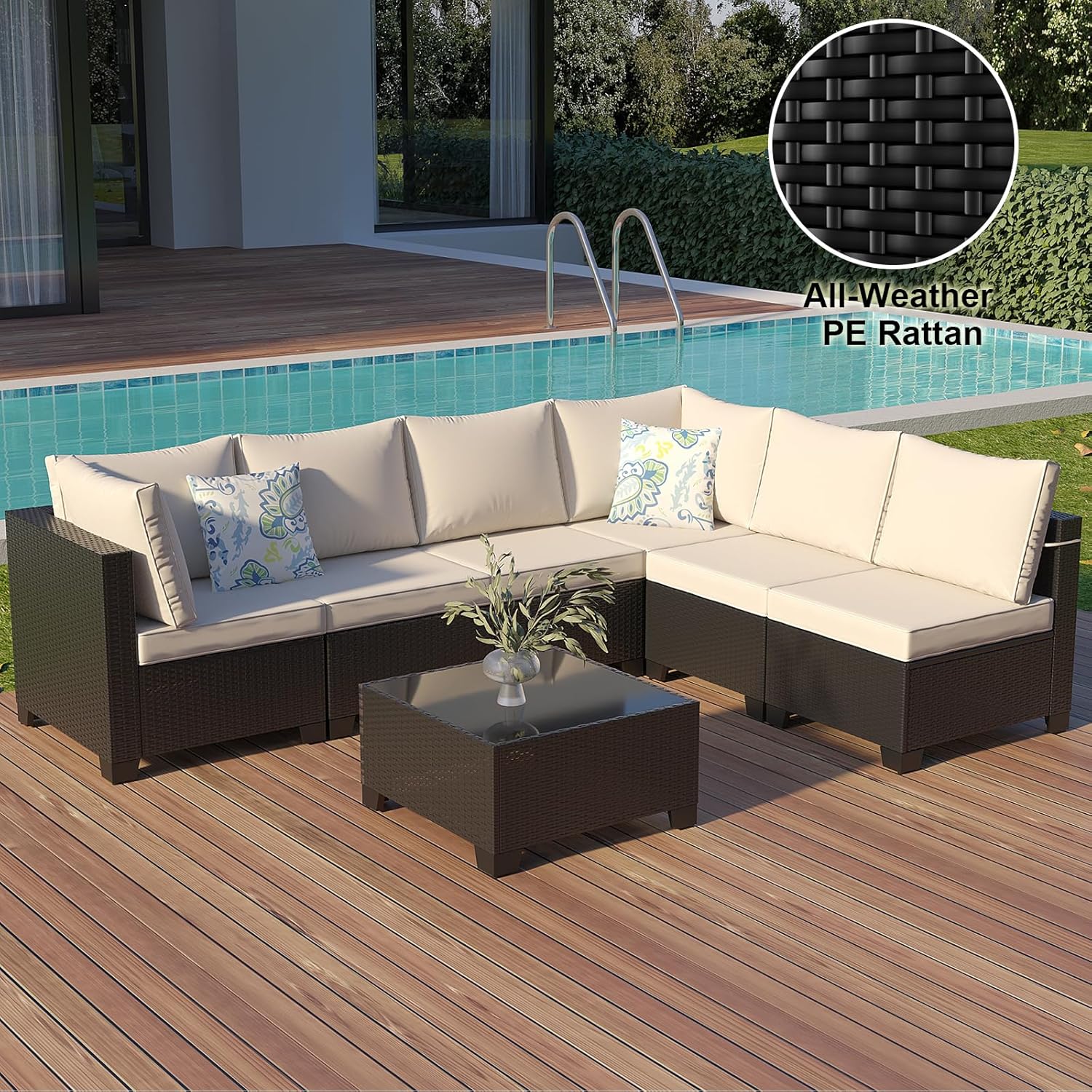 7 Piece Wicker Patio Furniture Set, Outdoor Conversation Couch Set with Waterproof Cushions, Patio Furniture for Garden Porch Balcony or Backyard, Coffee/Beige