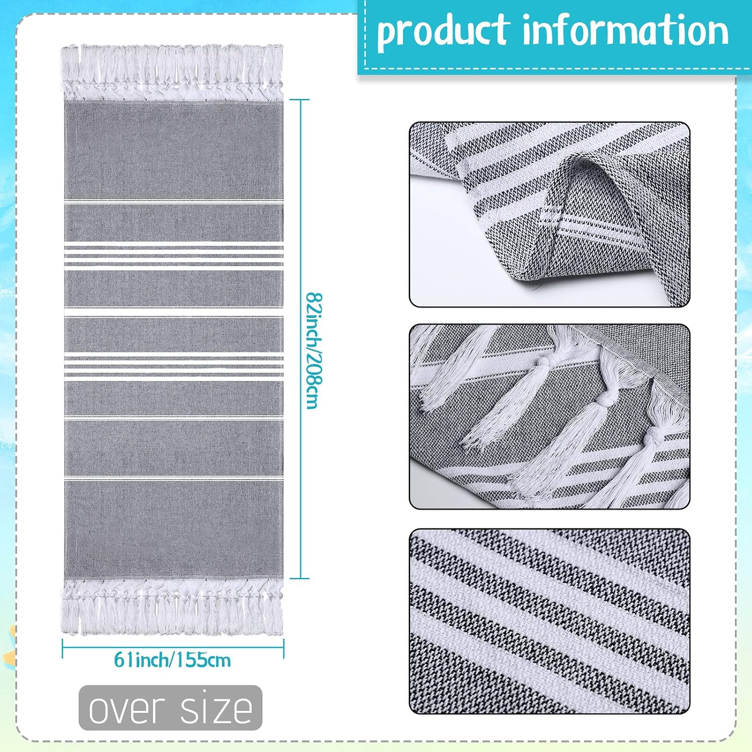 Oudain 2 Packs Oversized Turkish Beach Towel, 61" x 82" Extra Large Cotton Beach Blanket for Adults Bath Supplies, Travel Lightweight Sandproof(Gray)