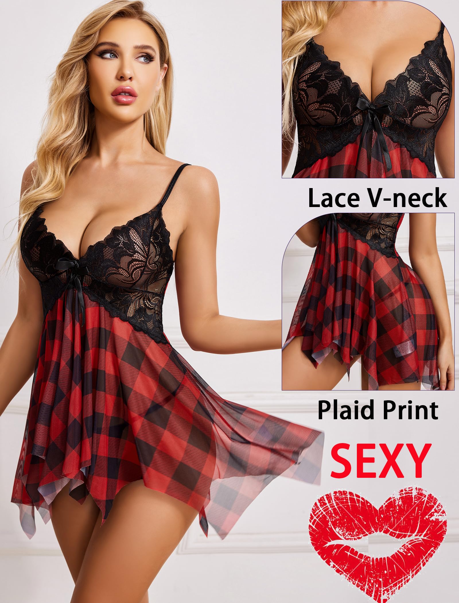 Avidlove Lingerie for Women Lace Babydoll Sleepwear Boudoir Outfits Plus Size Langeray XS-5XL: B-red Plaid X-Small