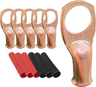 8 AWG-1/2 リングバッテリーラグ、銅ラグ、バッテリーケーブルエンド、チューブリングターミナル、圧着ワイヤリングラグ、熱収縮チューブ付きバッテリーターミナルコネクタ (6、8Awg - 1/2インチ (M12) リング) 6個