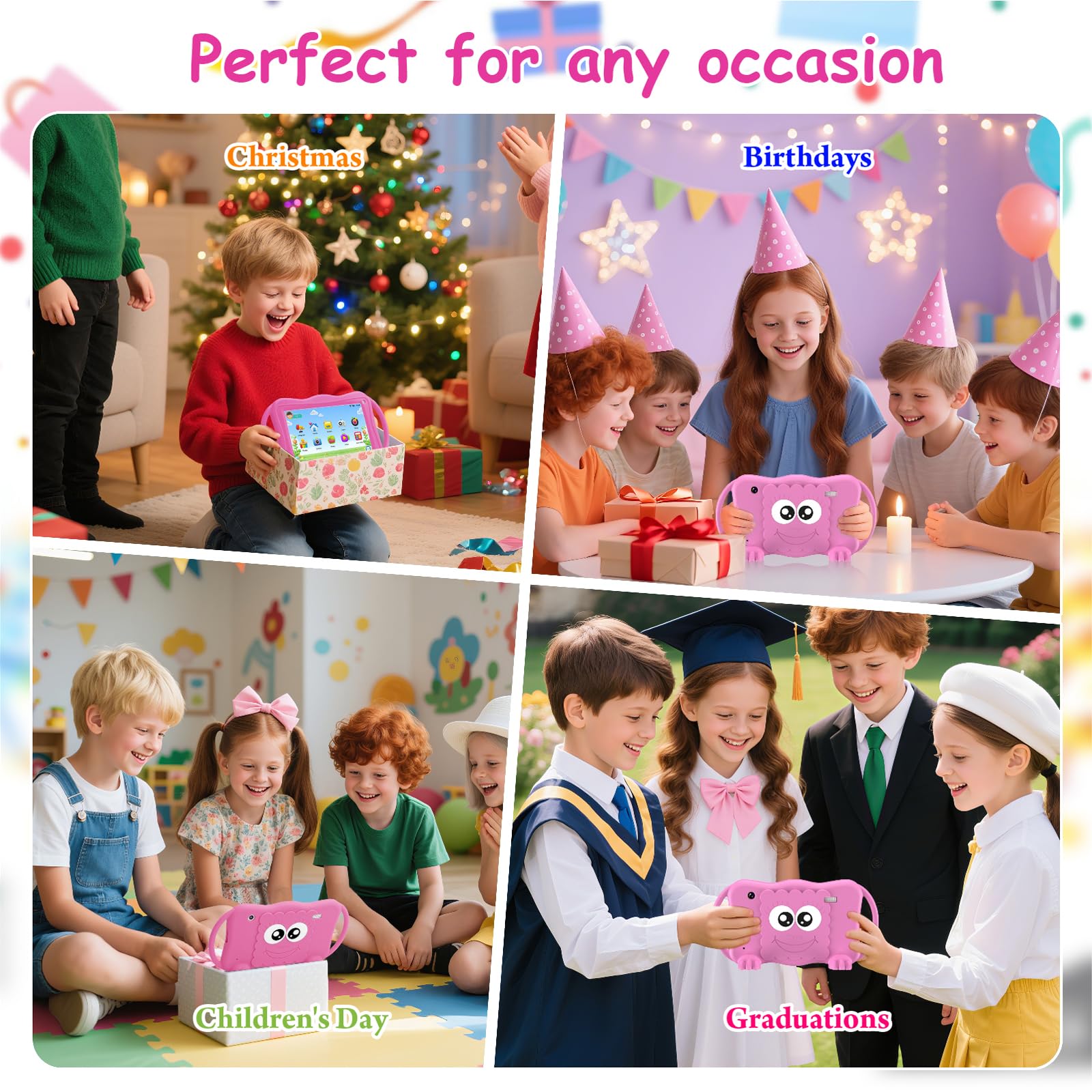 Trayoo Tablet per bambini da 7 pollici per bambini 3-12, 32 GB, tablet per bambini con doppia fotocamera, controllo parentale, custodia solida, WiFi, GMS, YouTube, Netflix, software di apprendimento