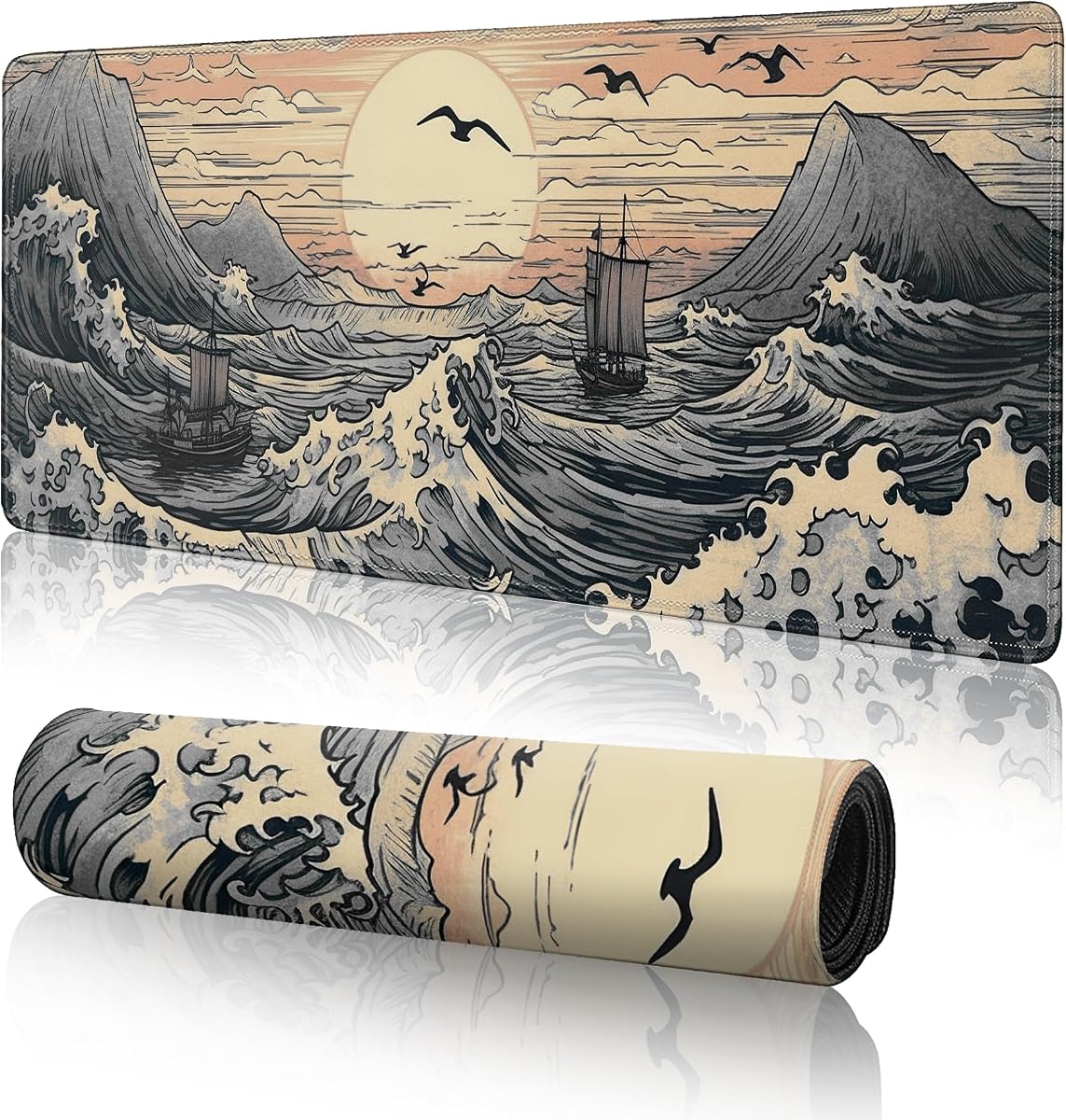 Alfombrilla de ratón grande para juegos de olas marinas japonesas, alfombrilla de ratón XL, alfombrilla de ratón para juegos, alfombrilla de escritorio, alfombrilla de escritorio de 31,5 x 11,8 pulgadas, alfombrilla de ratón anime para escritorio, alfombrilla de teclado extendida con base antideslizante y borde cosido