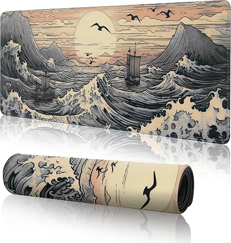 Japanese Sea Waves Large Gaming Mouse Pad,XL Mouse Pad Gaming Mouse Mat Desk Pad,31.5 x 11.8in Desk Mat Anime Mouse Pads for Desk,Extended Keyboard Pad Mousepad with Non-Slip Base and Stitched Edge