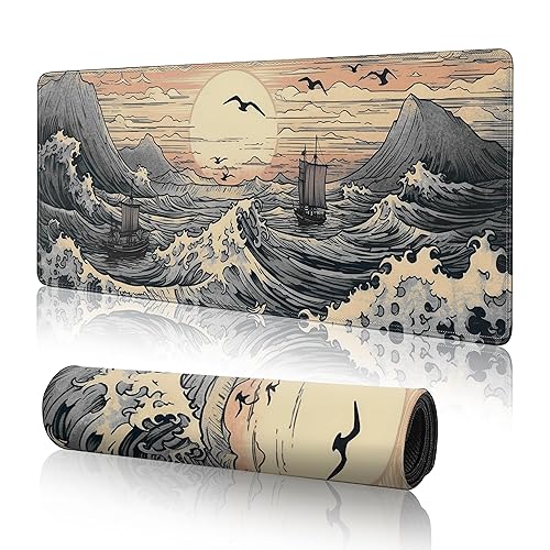 Japanese Sea Waves Large Gaming Mouse Pad,XL Mouse Pad Gaming Mouse Mat Desk Pad,31.5 x 11.8in Desk Mat Anime Mouse Pads for Desk,Extended Keyboard Pad Mousepad with Non-Slip Base and Stitched Edge - Japanese Waves