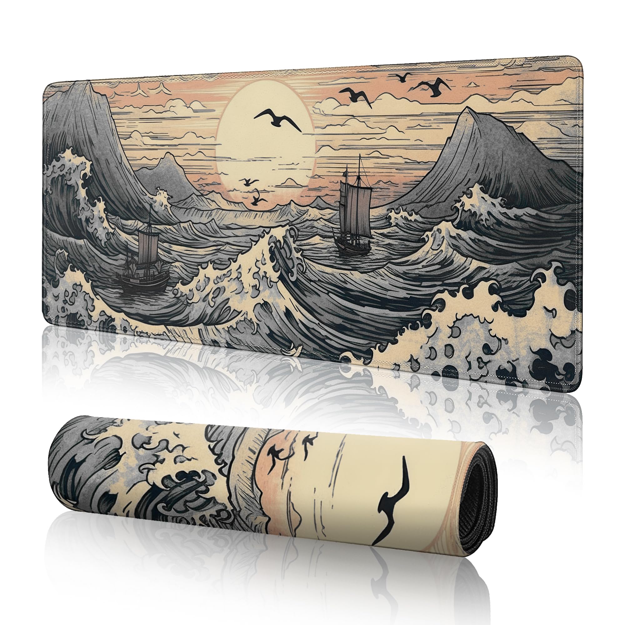 Japanese Sea Waves Large Gaming Mouse Pad,XL Mouse Pad Gaming Mouse Mat Desk Pad,31.5 x 11.8in Desk Mat Anime Mouse Pads for Desk,Extended Keyboard