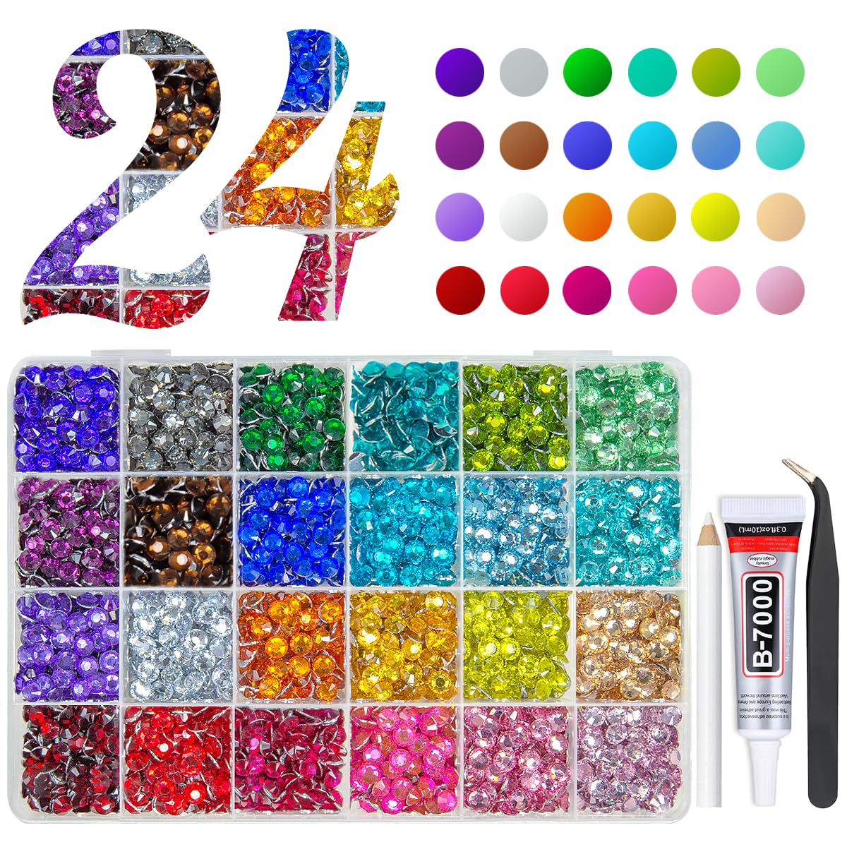qiipii 24 Color 6mm Crystal Resin Rhinestones w B7000 Jewelry Glue for Bedazzling Crafting SS30 Colorful Rainbow Big Flatback Stones Gems Diamonds