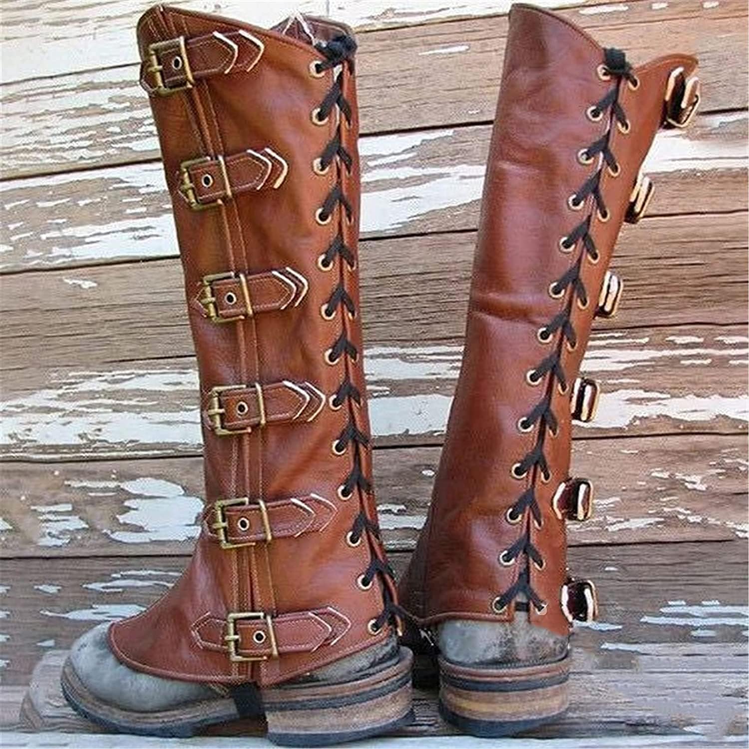 Retro Leather Gaiters, Medieval Soldier Knights Boots Cover Gothic Cosplay Adjustable Shoes Cover, for Hiking, Climbing, Hunting, Trekking,Brown