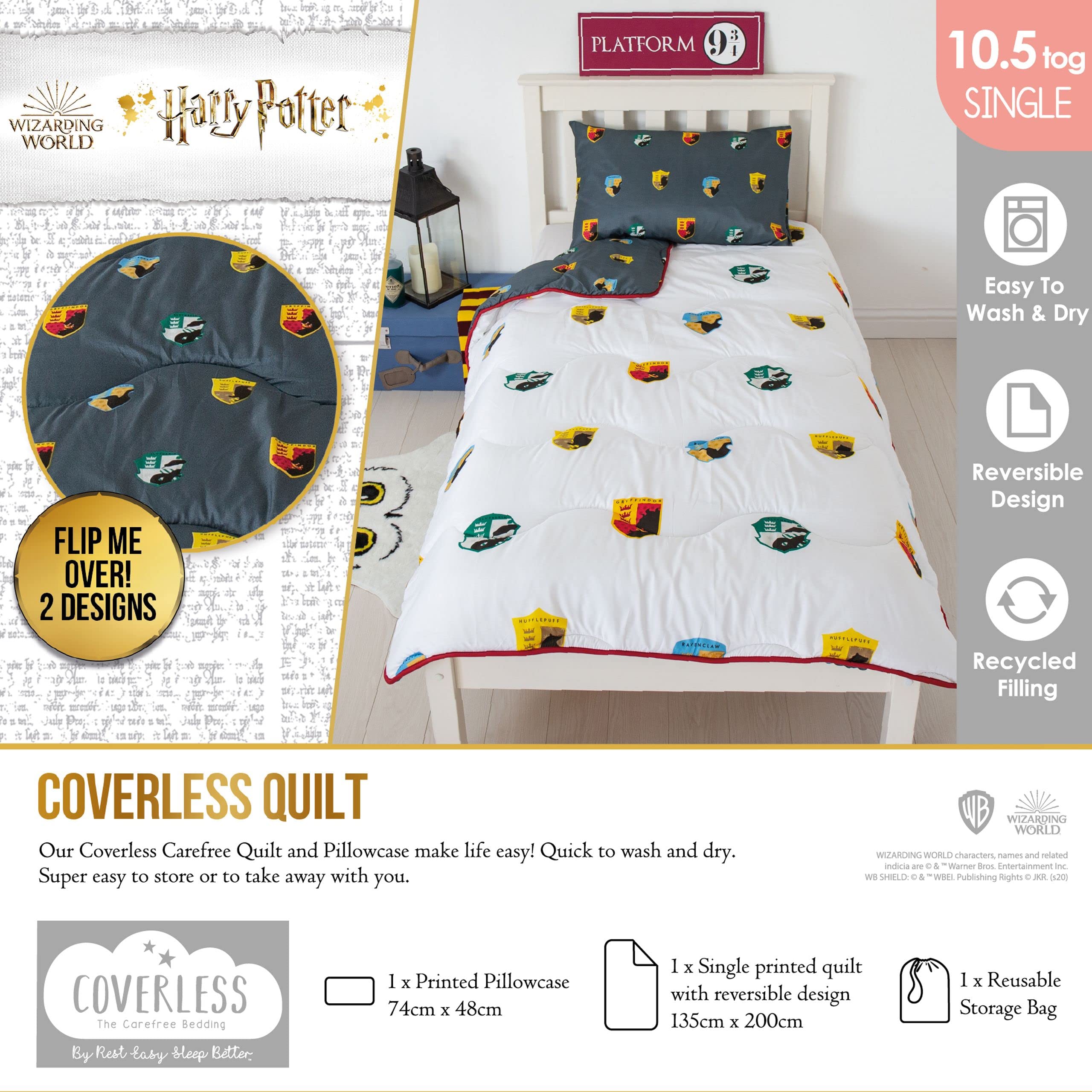 Set Letto Harry Potter 2 Pezzi: Copripiumino 155x200cm E Federa 50x80cm, In Cotone Reversibile, Biancheria Bambina E Bambini