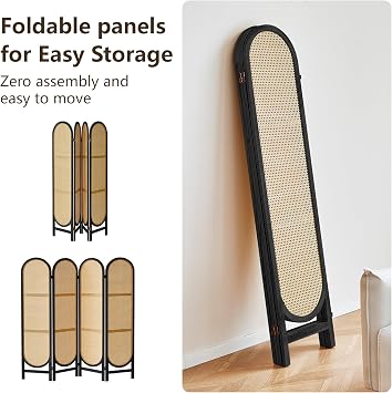 4 Panels Room Dividers and Hand-Woven Rattan Room Divider Wall, Wood Room Divider Folding Privacy Screens for Home Office Bedroom, Black