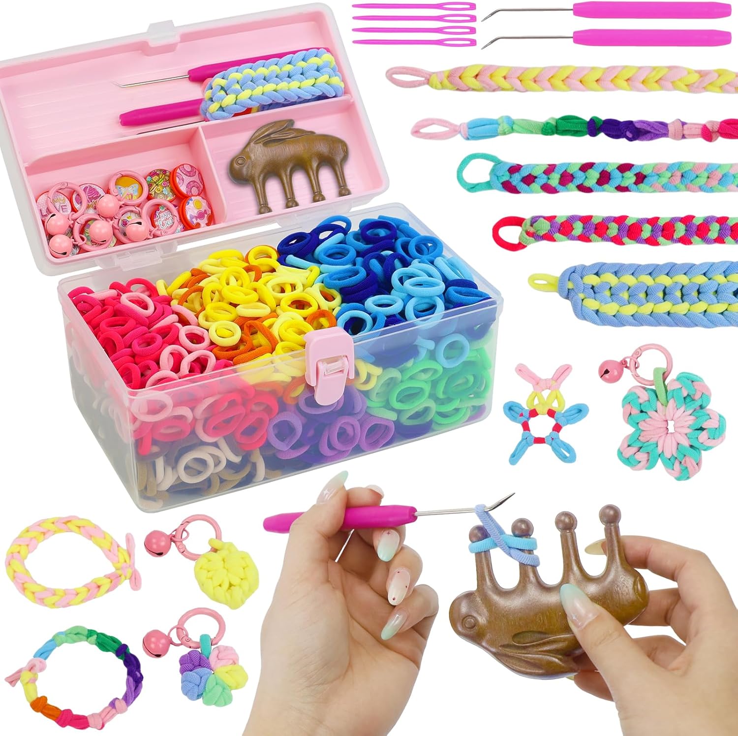 STAOVA Kids Rubber Band Weaving Kit, Kit with Rabbit Weaving Comb, 1200+ Colorful Hair Ties, DIY, Organizer Case, Rubber Band Bracelet Gift for 6-16 Years Girls Boys