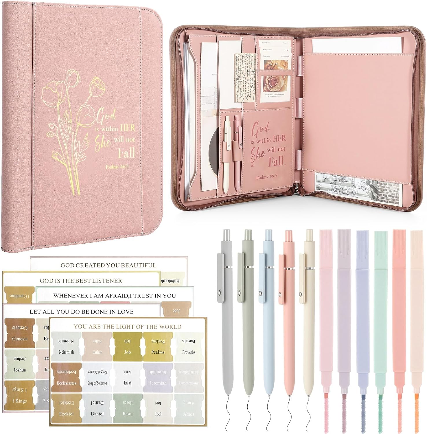 Mother Gift Bible Cover Case for Women Leather Christian Portfolio 13.5"with 5 Gel Pens 6 Colored Highlighters 5 Bible Labels for Christian Teacher Nurse