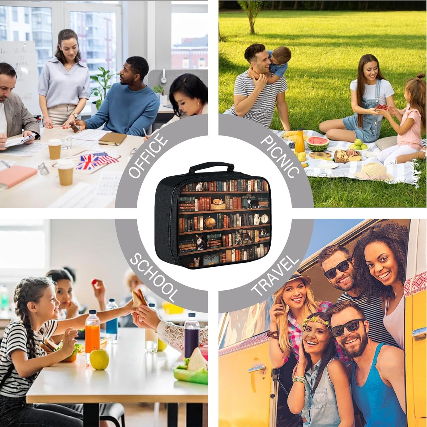 Lunch Box Kids Book, Cat Insulated Lunch Box for Kids Teen Boys Girls with Zippered Pocket, Reusable Portable Toddler Library Cat Lunch Bag, Keep Food Fresh Lunchbag for Office Work Travel Picnic - Image 8