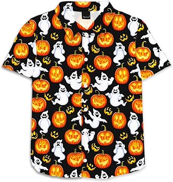 Remimi Unisex Kids Halloween Shirt Boys Pumpkin Ghost Shirts Hawaii Button Up Tops 5-14 Years