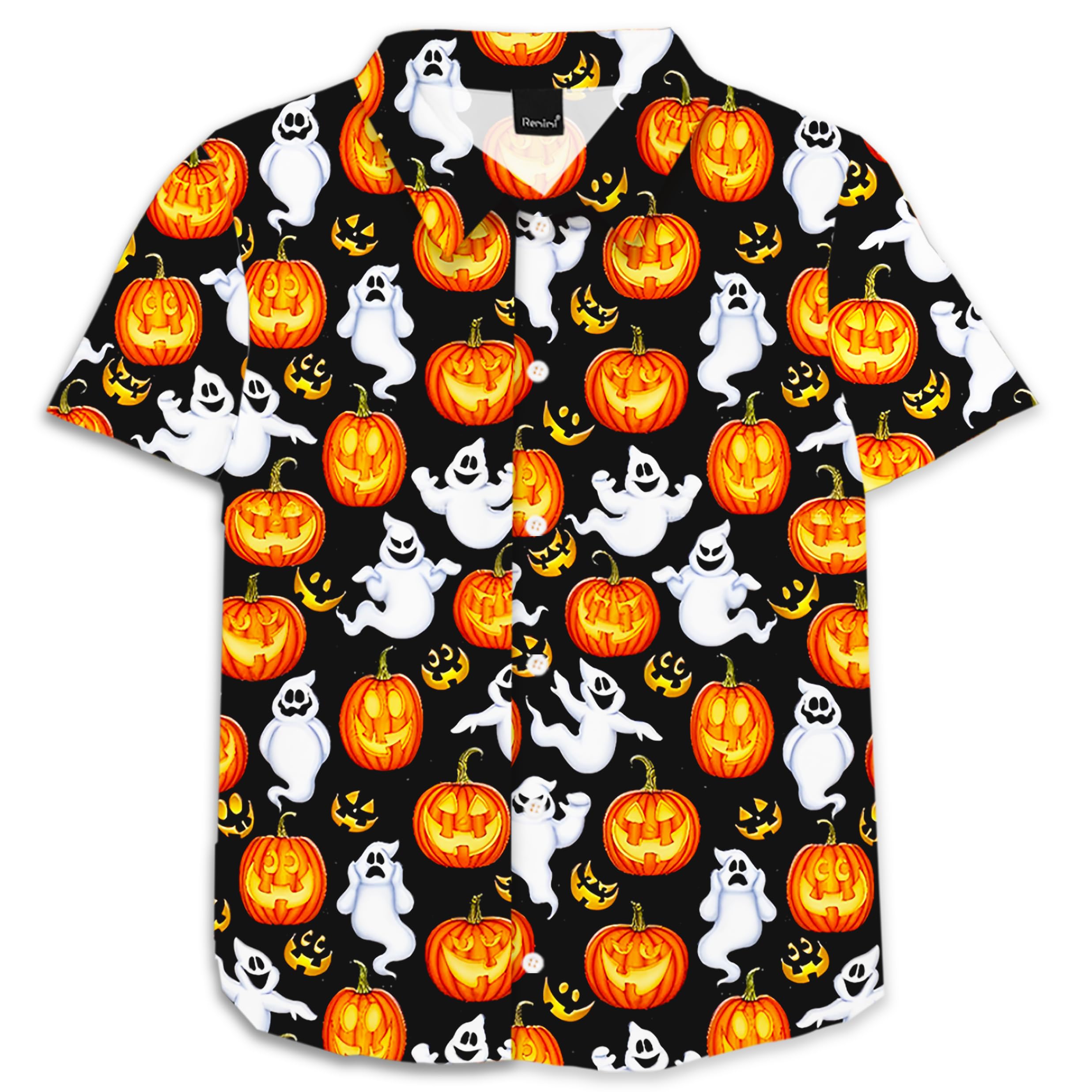 Remimi Unisex Kids Halloween Shirt Boys Pumpkin Ghost Shirts Hawaii Button Up Tops 5-14 Years
