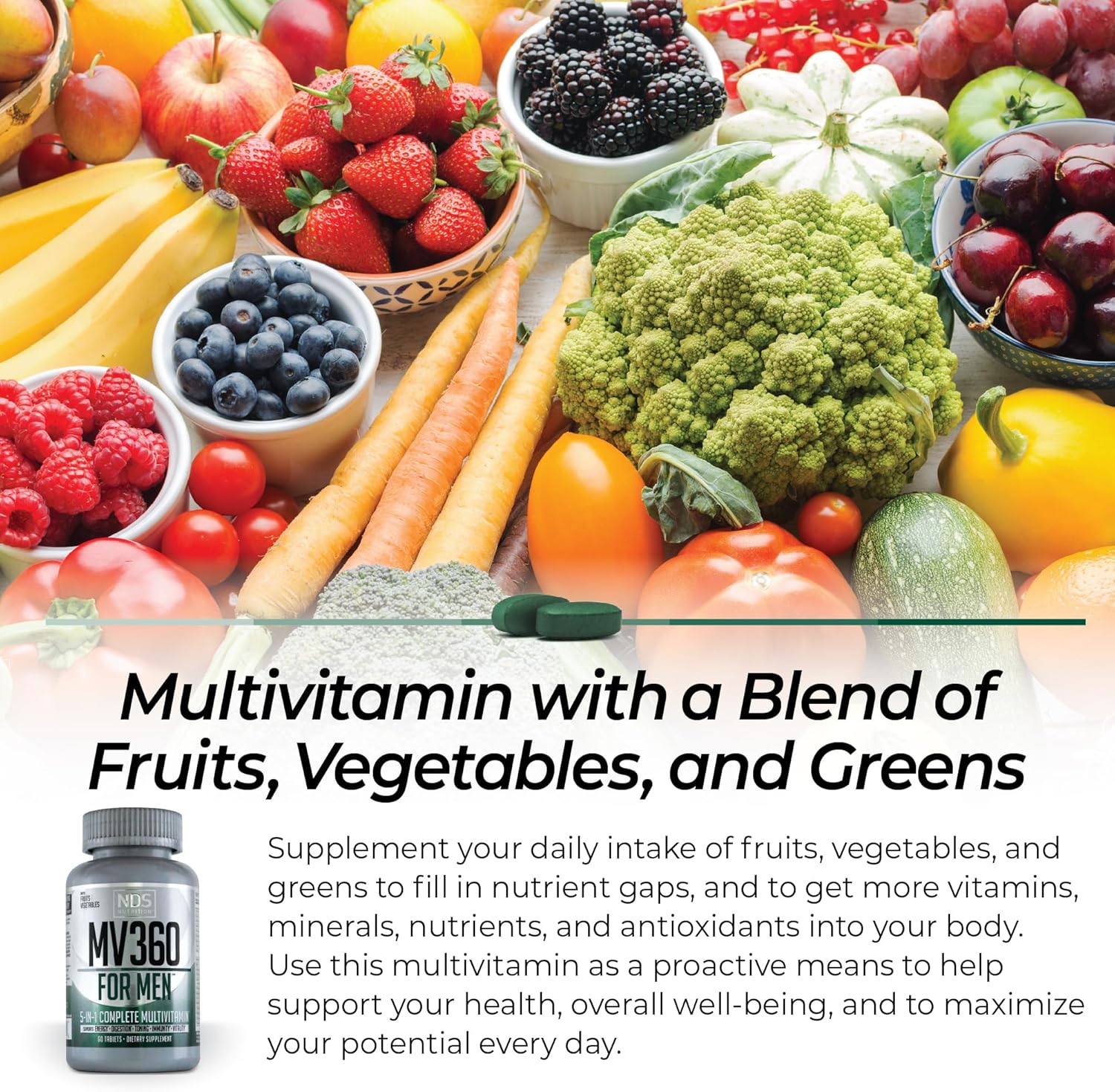 Men's Nutrition MV360, 5-in-1 Complete Multivitamin with Essential Vitamins for Energy, Digestion, Toning, Immune Support, and Mens Health & Vitality, 60 Tablets, 30 Servings - Image 3