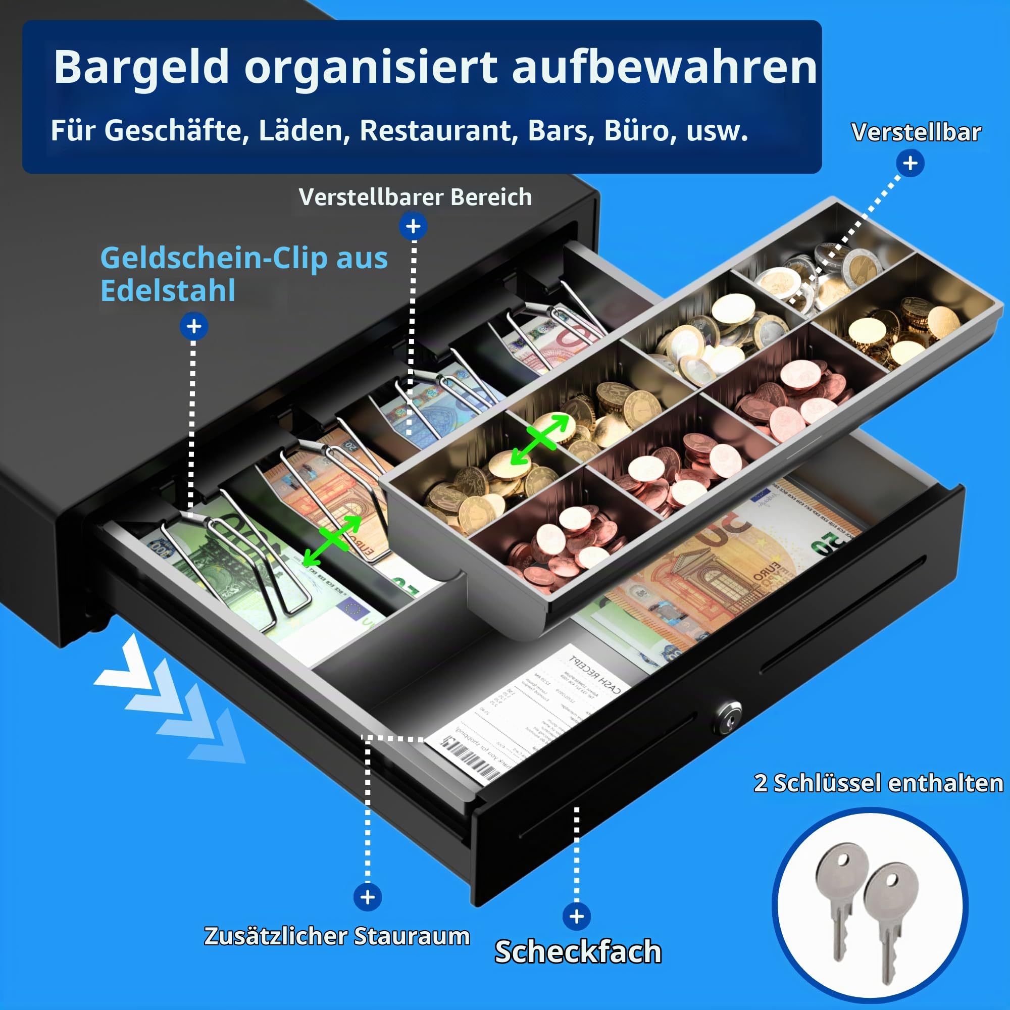 Kassenschublade Push - Druckknopf Öffnung, mit 8 Münzfach und 4 Scheinfächer (euro), Abschließbar - Kassenlade Professionelle, Geldschublade, Kassen Schublade - 41x41 cm - Schwarz