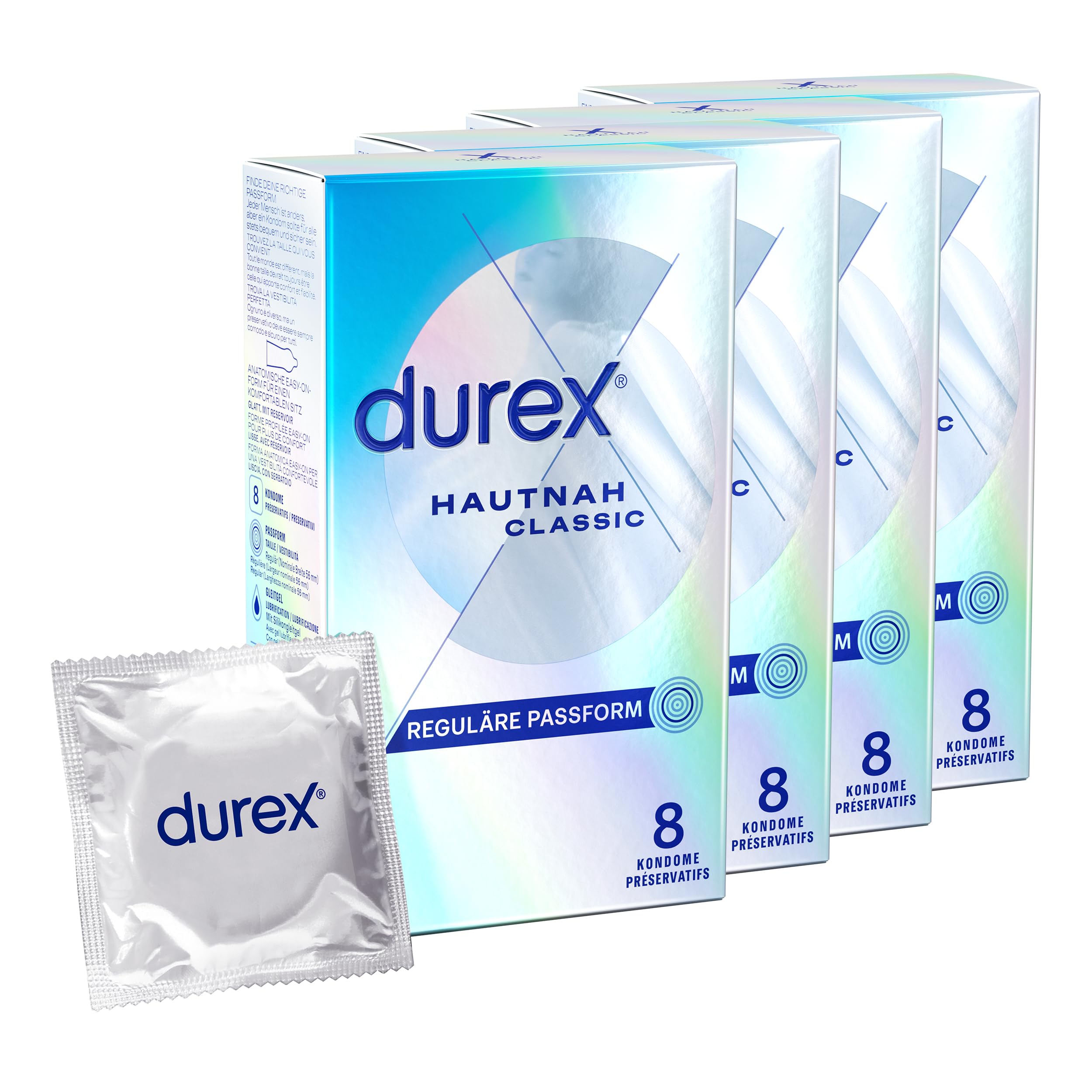 Durex Hautnah Classic Kondome – 32 Hauchzarte Kondome für intensives Empfinden und innige Zweisamkeit - 4 x 8 Stück