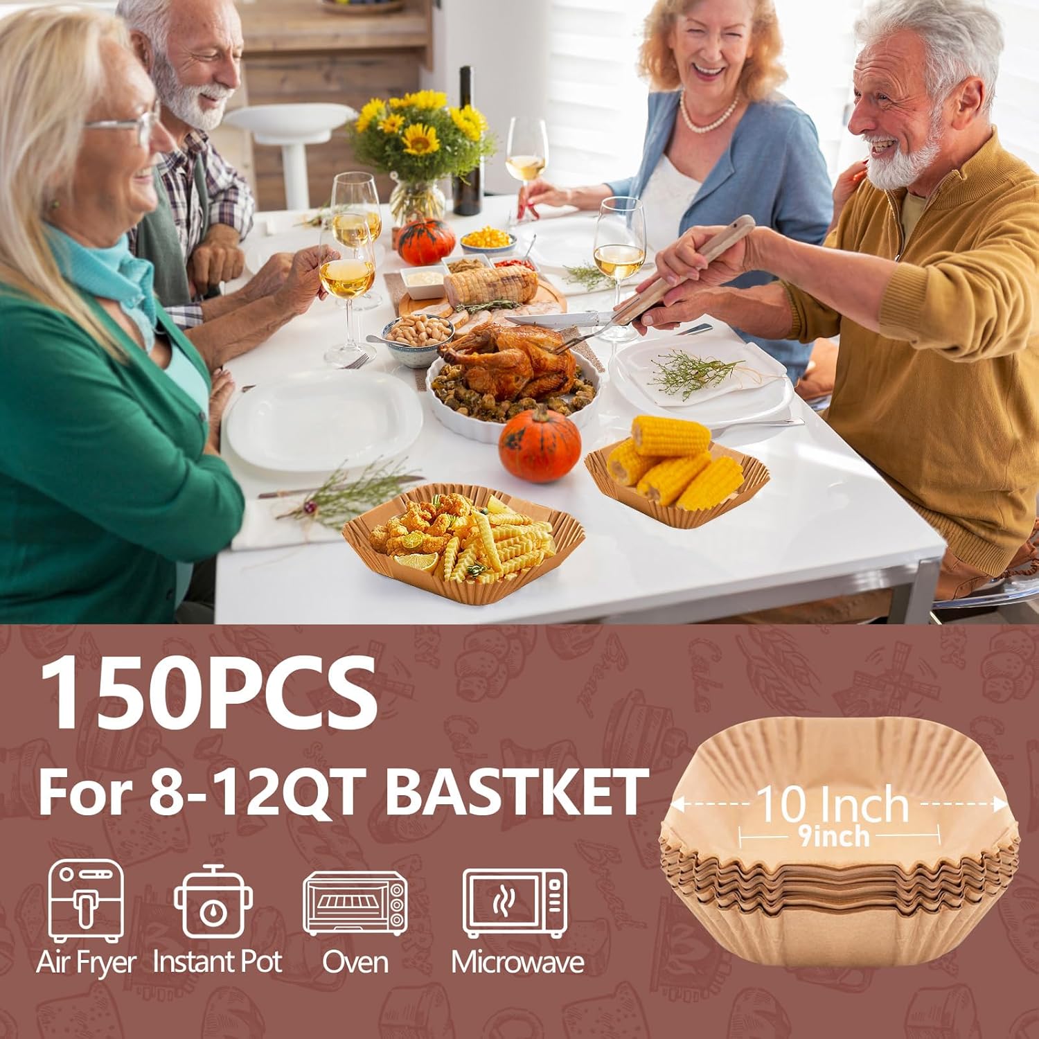 UBeesize XL 10 Inch Air Fryer Paper Liners,150 PCS Parchment Paper, Air Fryer Disposable Paper Liner for Microwave, Non-Stick Air Fryer Liners Square Free of Bleach (Bottom size 9 Inch) - Image 2