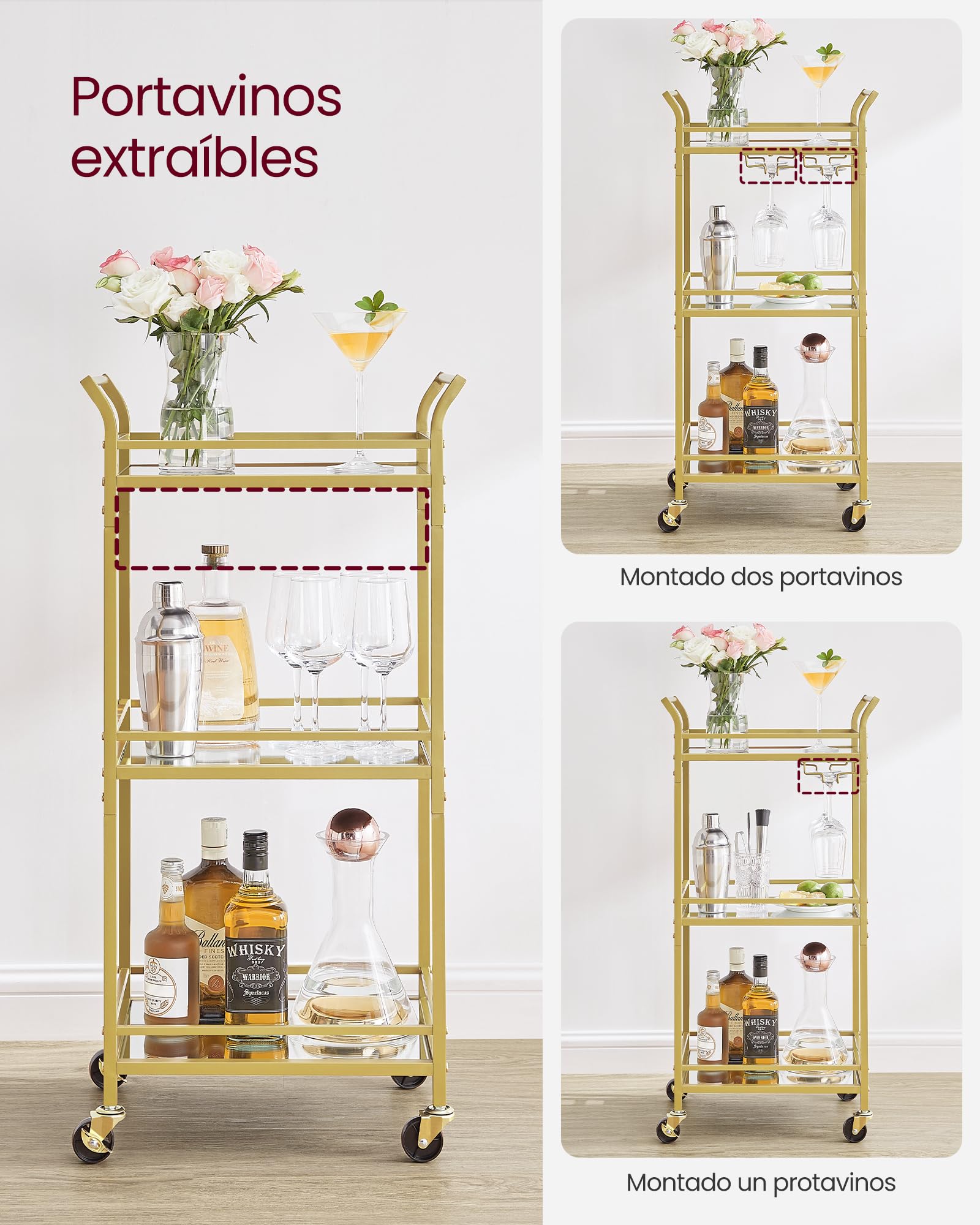VASAGLE Carrito de 3 Niveles, Carro de Cocina Dorado, con Ruedas, con Pasamanos, Vidrio de Espejo, Carro para Espacios Pequeños, Cocina, Comedor, Baño, Salón, Bar, Dorado LRC091A62