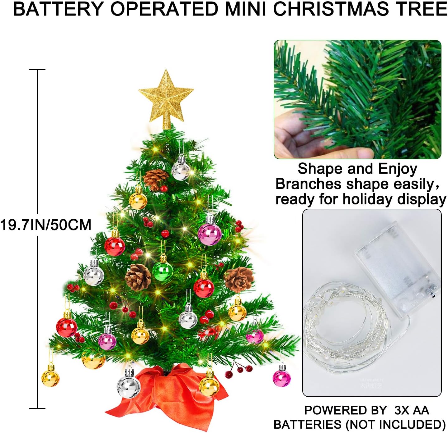 20" Tabletop Mini Christmas Tree, Artificial Small Xmas Tree Decor with 50 LED String Lights,Star Tree Topper, Holly Berries, Ornaments and Wooden Base for Holiday Season Decorations Christmas DIY