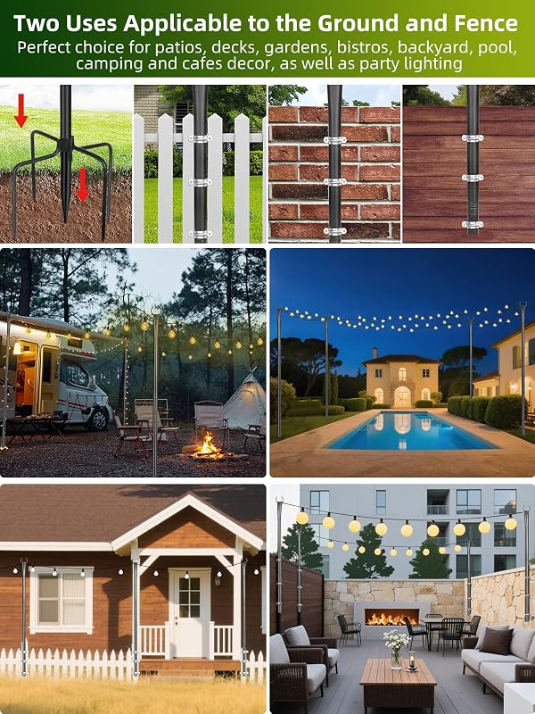 LRYXEG String Light Poles for Outside 4 Pack, 10ft Metal Outdoor String Light Poles for Deck - Ideal for Patio, Garden, Yard, Front Porch Decorations, Black by LRYXEG - Used condition - US$35.13