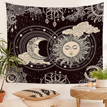 Jhdstore Sun and Moon Tapestry for Bedroom Aesthetic Black Dark Spiritual Tapestries Mystic Burning Sun with Clouds Star Tapestry Wall Hanging decor 51" x 59"