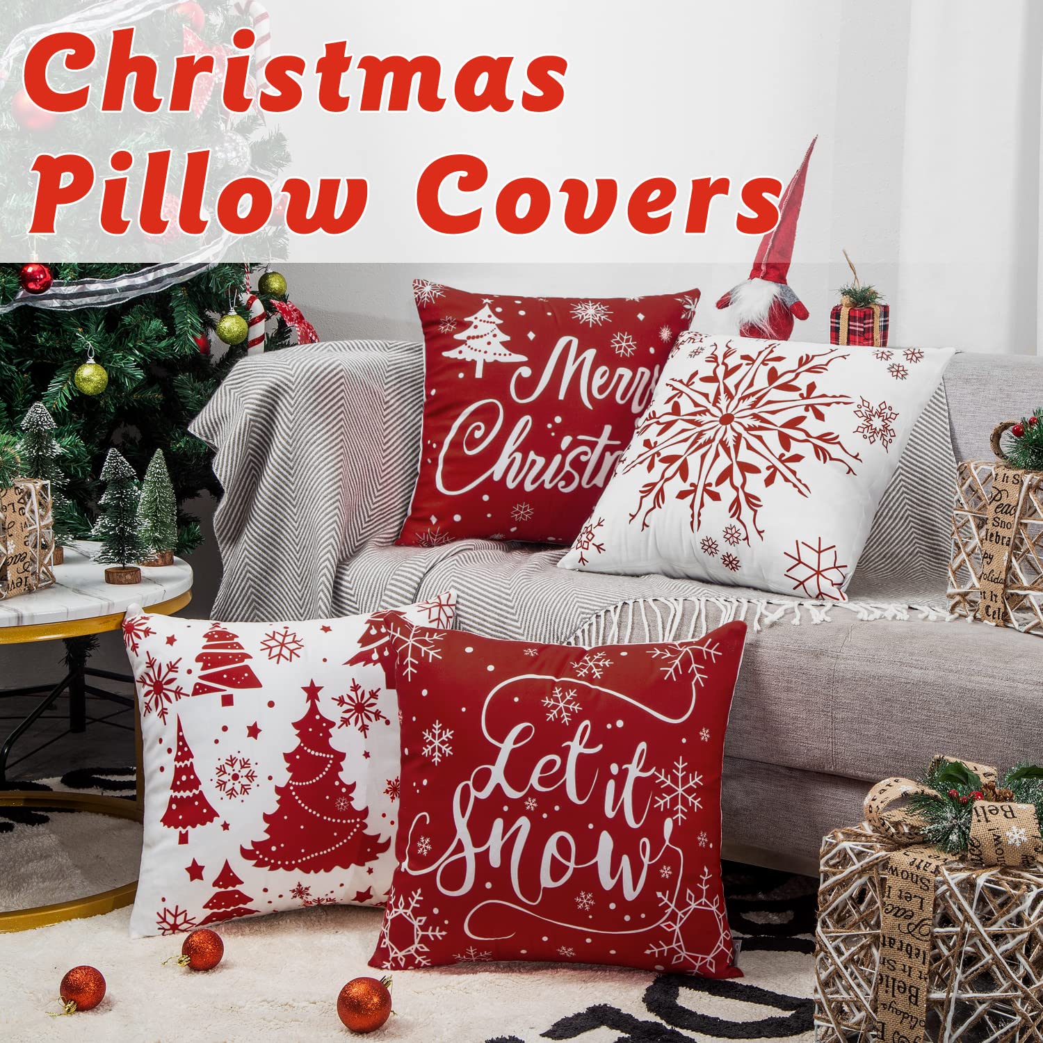 ORANIFUL Fodere Cuscini Natalizie 50x50 Set da 4 Rosso Copricuscini Divano Velluto Quadrati Decorativi in Lino per Letto Décor Casa Auto (Natale 02, 4 Pezzi