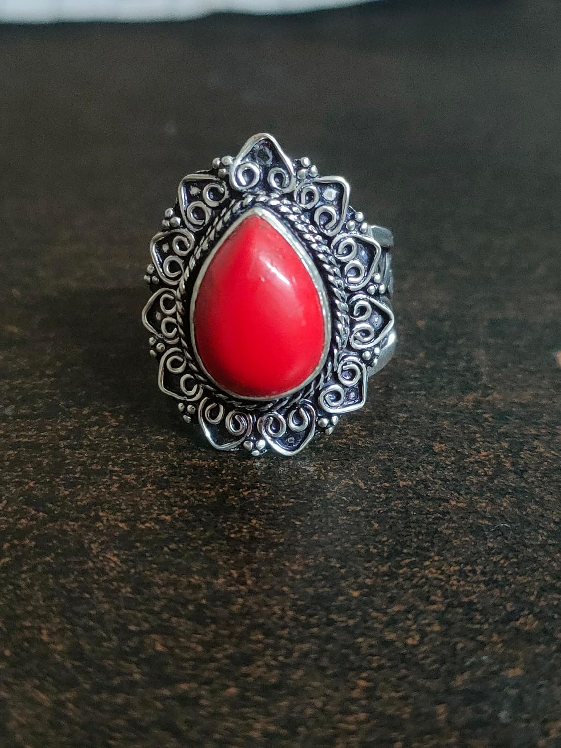 Handcrafted Red Coral Cabochon Ring - 925 Sterling Silver Plated Wide Band Water-Drop Stone Jewelry for Women, Elegant Gift Statement Piece