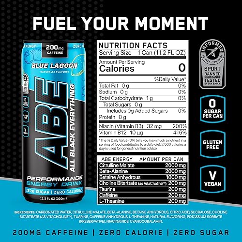 Miniatura 2 de All Black Everything - Bebida energética sin azúcar  Blue Lagoon  0 calorías  Paquete de 12  200 mg de cafeína natural  Bebida deportiva