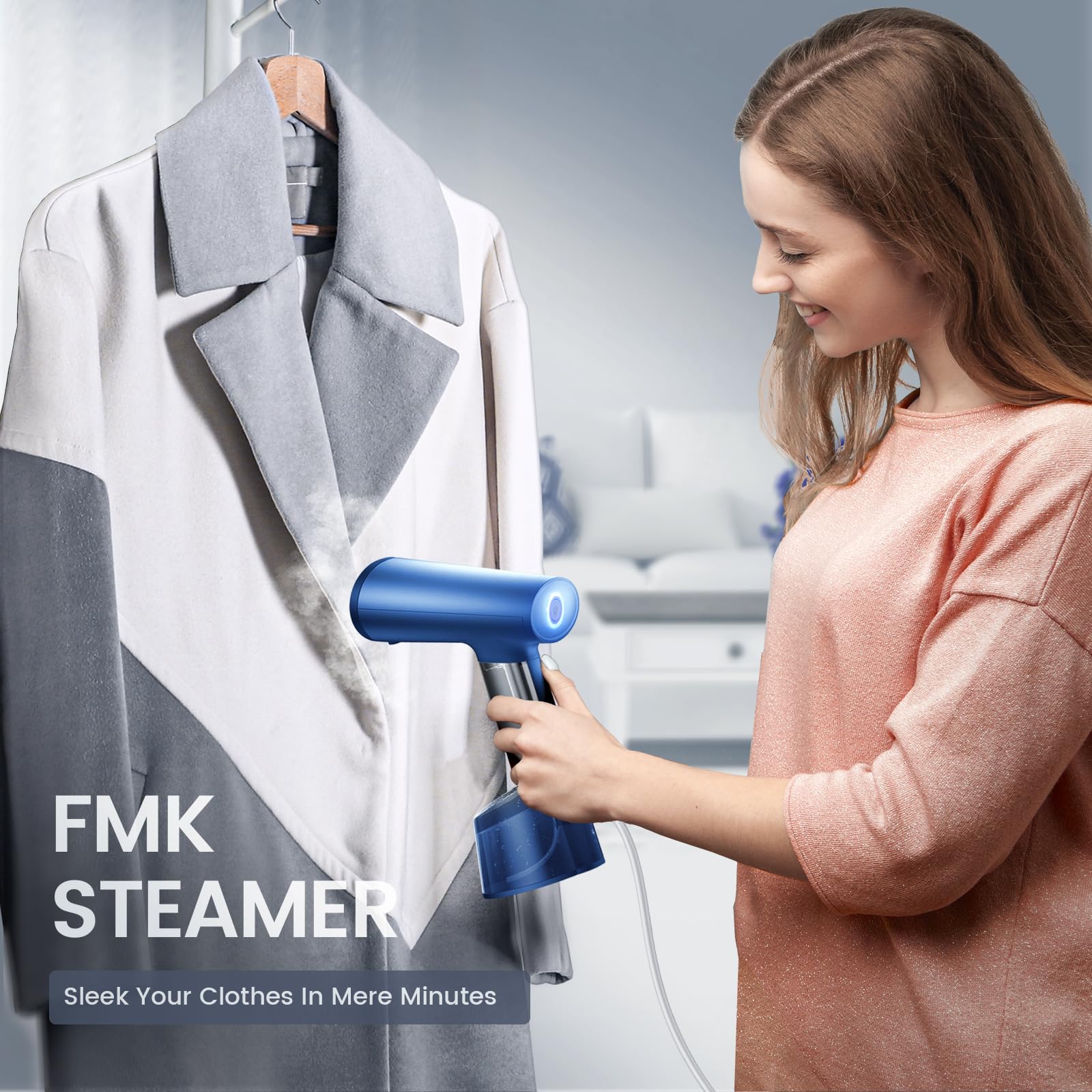 FMK Vapeur à vapeur portable pour vêtements de voyage, tête de vapeur métallique, temps de chauffage de 20 secondes, système de pompe, mini taille, vapeur à main pour tous les tissus, pas, bleu