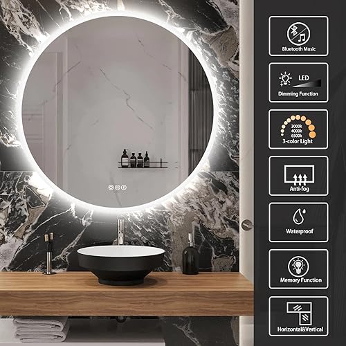 Miniatura 4 de SBAGNO - Espejo de baño redondo de 32 luces con marco acrílico, espejo de baño LED de tocador montado en la pared, atenuación, cambio de color,