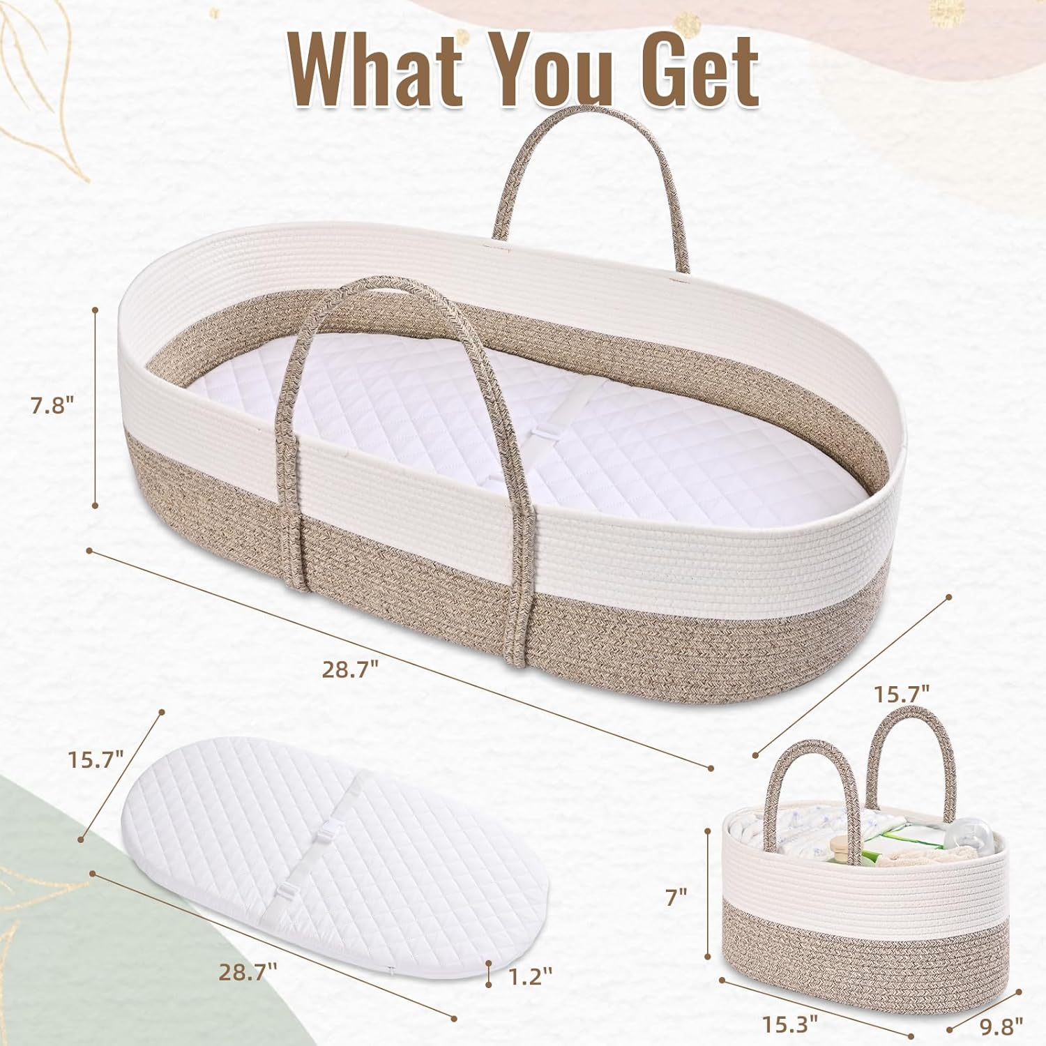Changing Baskets Set,Moses Basket with Pad and Diaper Caddy,Set of 2 Baskets,Portable Cotton Rope Woven Basket,Replaceable Pad,Gifts for Newborn 28.7" x 15.7" x 7.8"（Brown）