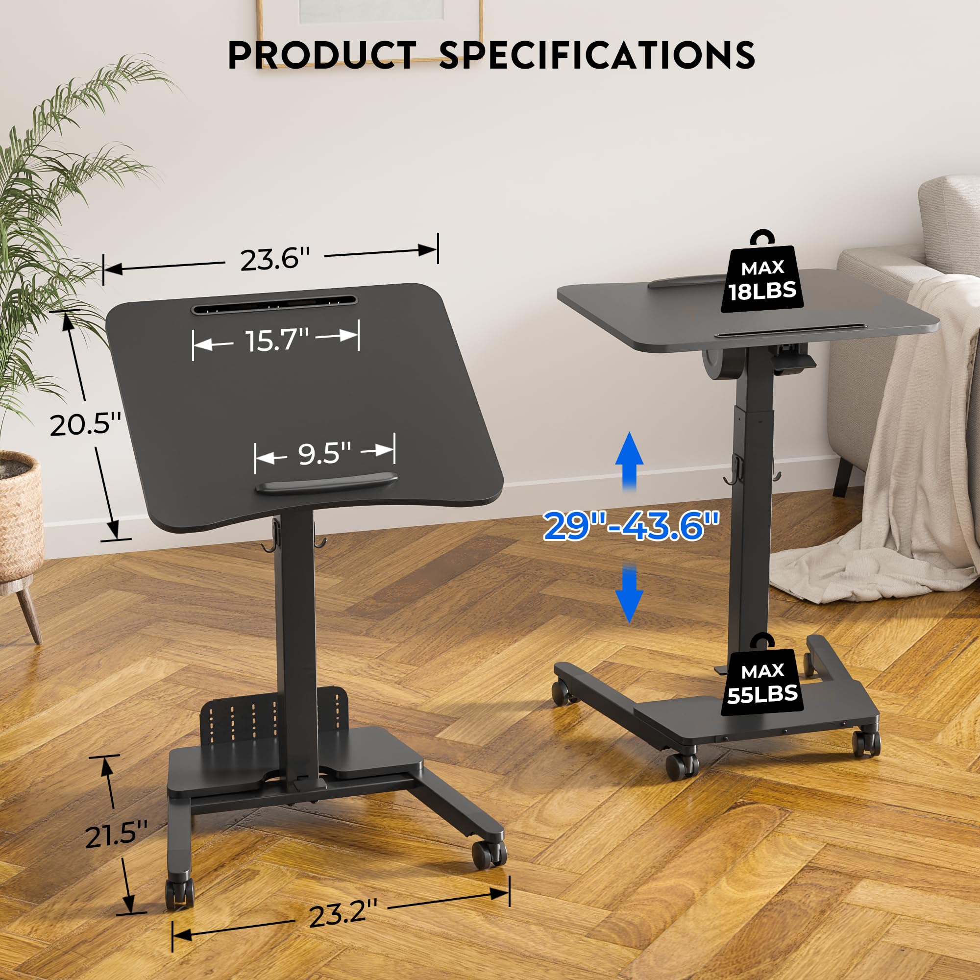 BONTEC Mobile Standing Desk Adjustable Height Rolling Laptop Cart with Storage Shelf Hooks Portable Workstation with Pneumatic Lift — view 2