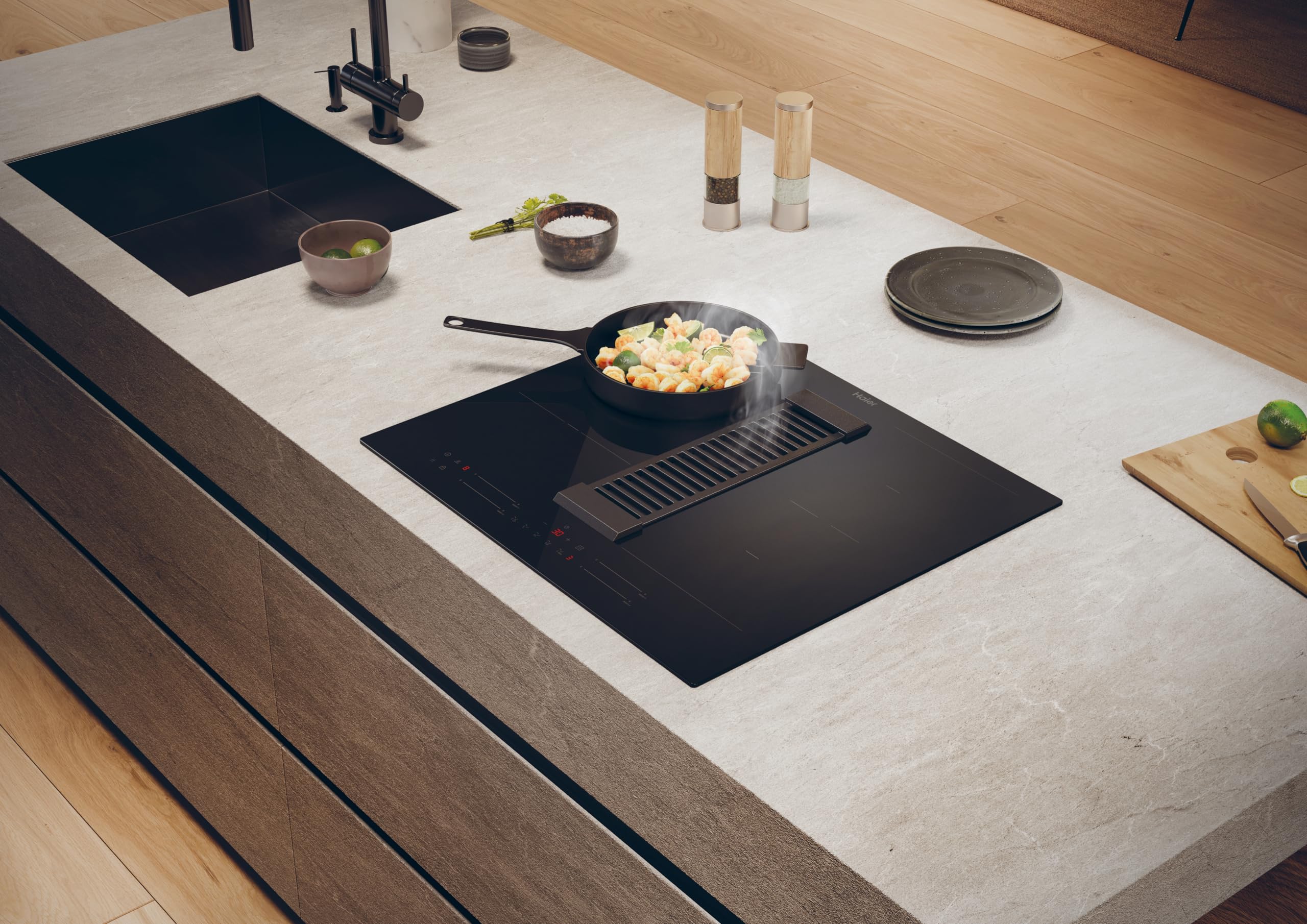 Haier Series 6 HAIH6IEMCF Placa de Inducción con extracción, 4 Zonas Flex, Ancho 60cm, Control deslizante "Multislider" Potencia total 7,4kW, 9 niveles de potencia + Booster, 4 Zonas, Negro