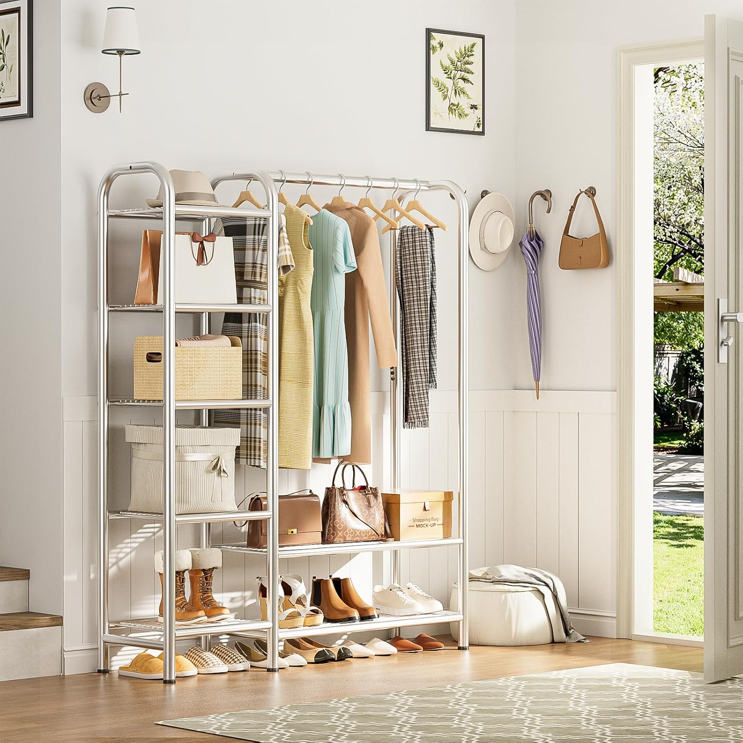 Heavy Duty Clothes Rack with 5 Tiers Shelves, Max Load 670LBS, Portable Freestanding Multi-Functional Metal Clothing Rack with Hanging Rods Organizer System for Bedroom Closet Wardrobe, Chrome