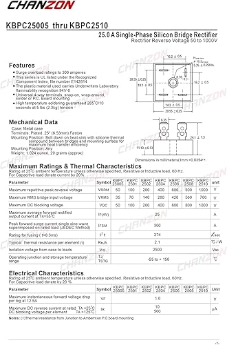 Miniatura 2 de Chanzon KBPC2504 Puente Rectificador Diodo 25A 400V KBPC Monofásico, Onda Completa 25 Amp 400 Voltios Diodos de Silicio Electrónicos