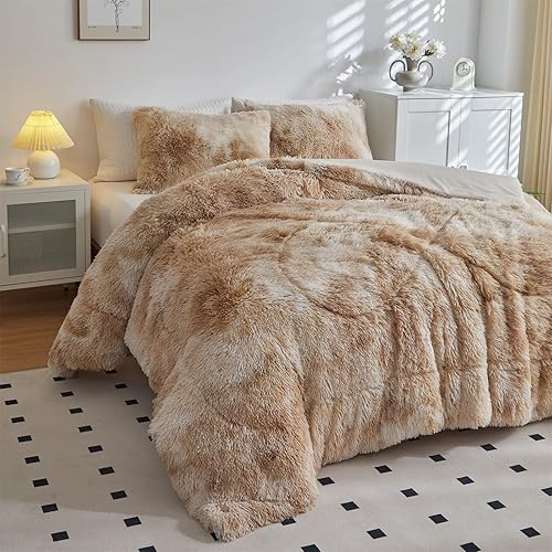 Miniatura 4 de Wajade Juego de edredón de felpa de pelo sintético con teñido anudado de camello juego de ropa de cama mullido y mullido  Juego de edredón de