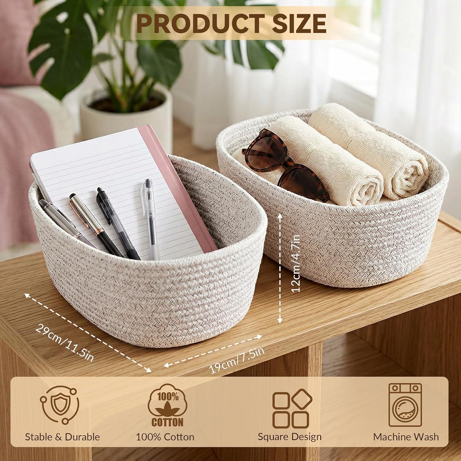 10 Pack Khaki Small Woven Baskets for Organizing, 12"x8"x5" Cotton Rope Storage Bins with Handle, Empty Gift Basket Kit for Baby Shower, Nursery, Shelf, Bathroom & Closet Organizing image 2