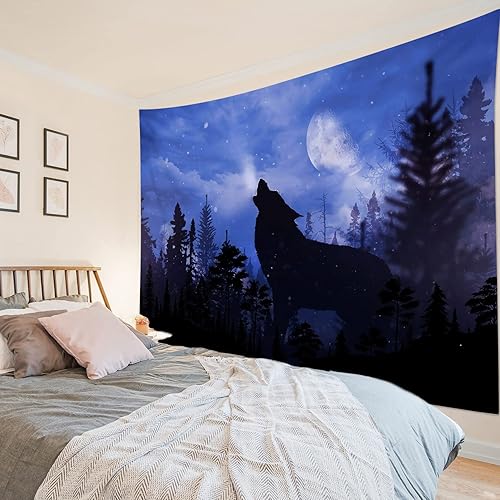 Miniatura 8 de HVEST Tapiz de lobo para colgar en la pared, tapiz de pared de animales salvajes que aullan en tapices nevados, escena de nieve de invierno, manta