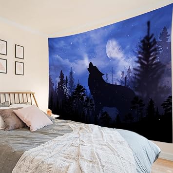 HVEST Wolf Tapestry Wild Animal Wolves in Forest Tapestries Wall Hanging Moon Purple Sky Tapestry for Bedroom Living Room Dorm Wall Decor Blanket, 80W x 60H inches