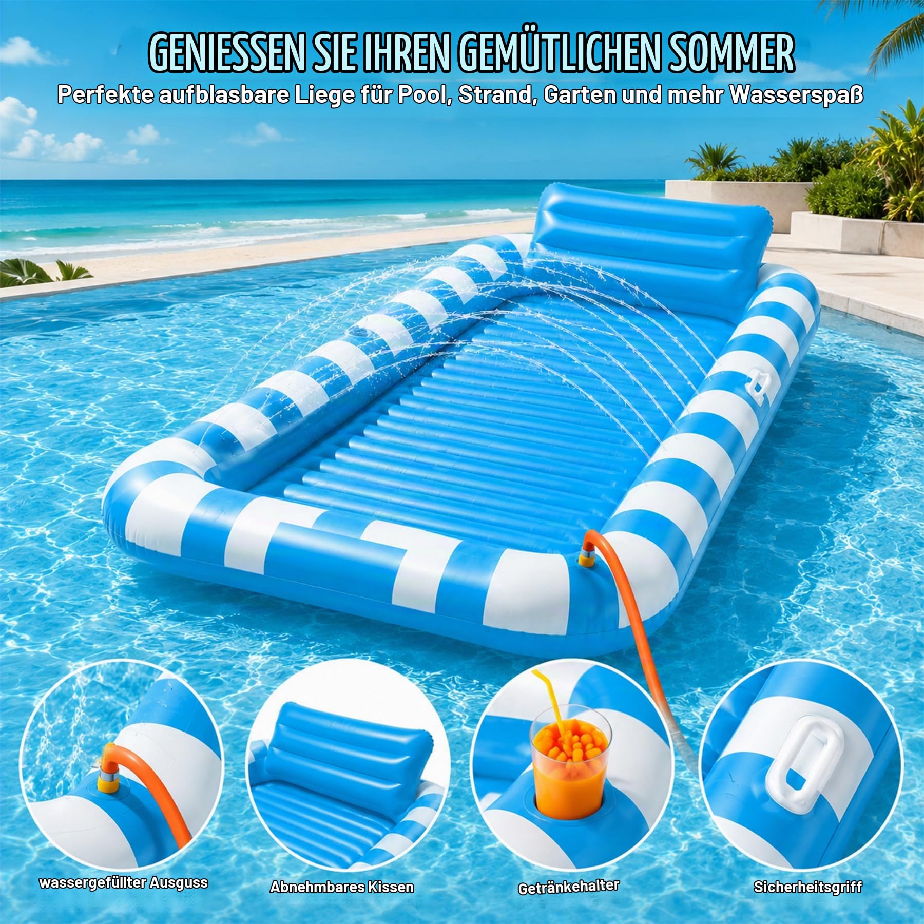 200x125CM Luftmatratze Wasser,Luftmatratze Pool Erwachsene,Pool Sofa Outdoor Aufblasbar,Luftmatratze Mit Wasser mit Eingebautem Sprinkler für Hinterhof,Pools,Strand,Sommer,Wasserparty