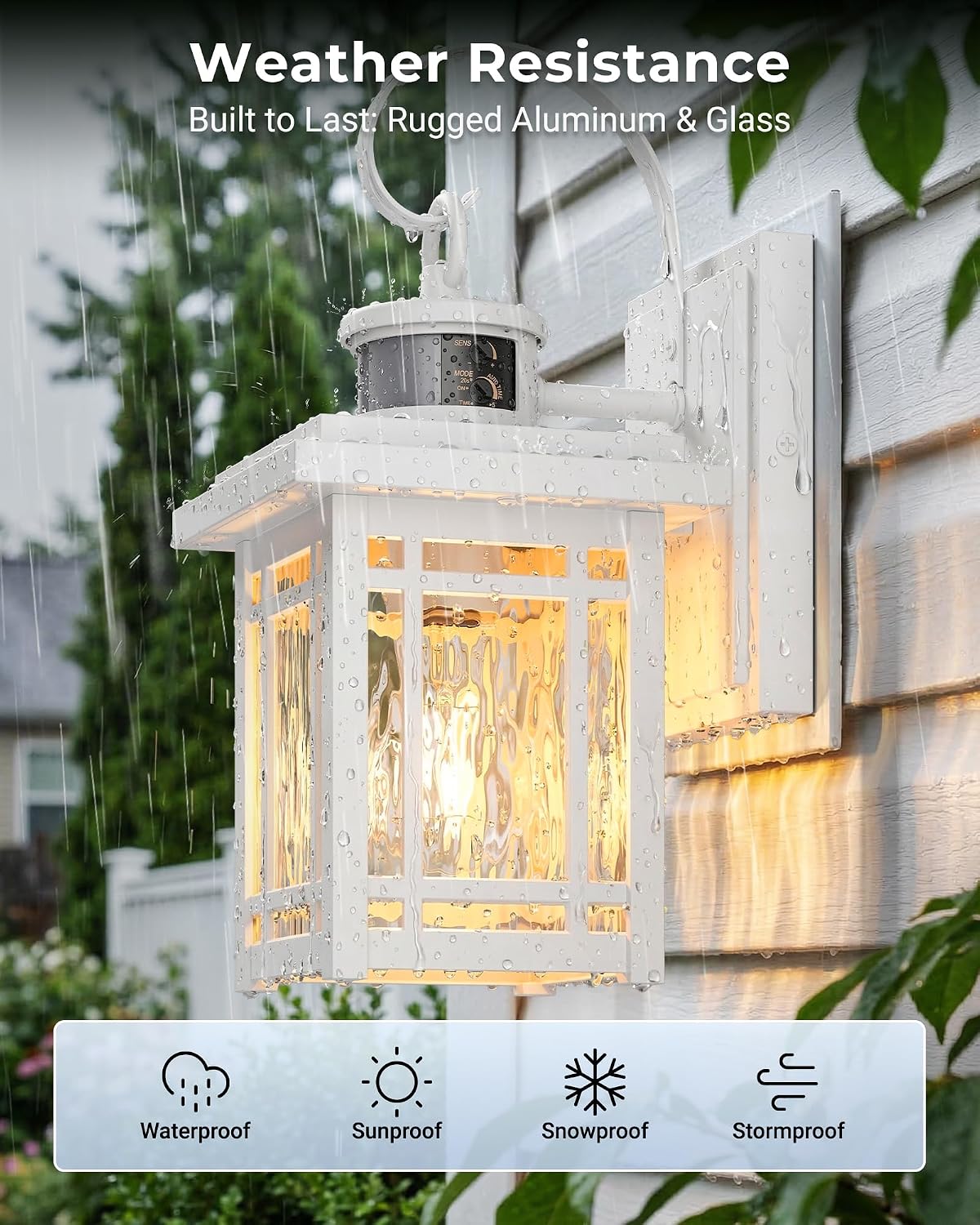 White Outdoor Wall Lights, Motion Sensor Exterior Lighting Fixtures, Square Front Porch Light with Ripple Glass, Anti-Rust Outdoor Sconce Lights for House, Modern Coach Lights for Garage, Patio