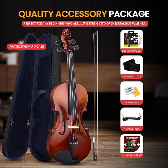 Pyle Quarter Violin Set for Beginners and Children, 1/4 18.7 Student Grade Fiddle Orchestral Musical Instruments Including Hard Case, Rose, Bow, Digital Tuner, Rest Shoulder