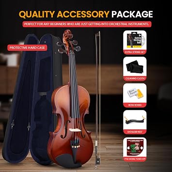 Pyle Quarter Violin Set for Beginners and Children, 1/4 18.7 Student Grade Fiddle Orchestral Musical Instruments Including Hard Case, Rose, Bow, Digital Tuner, Rest Shoulder