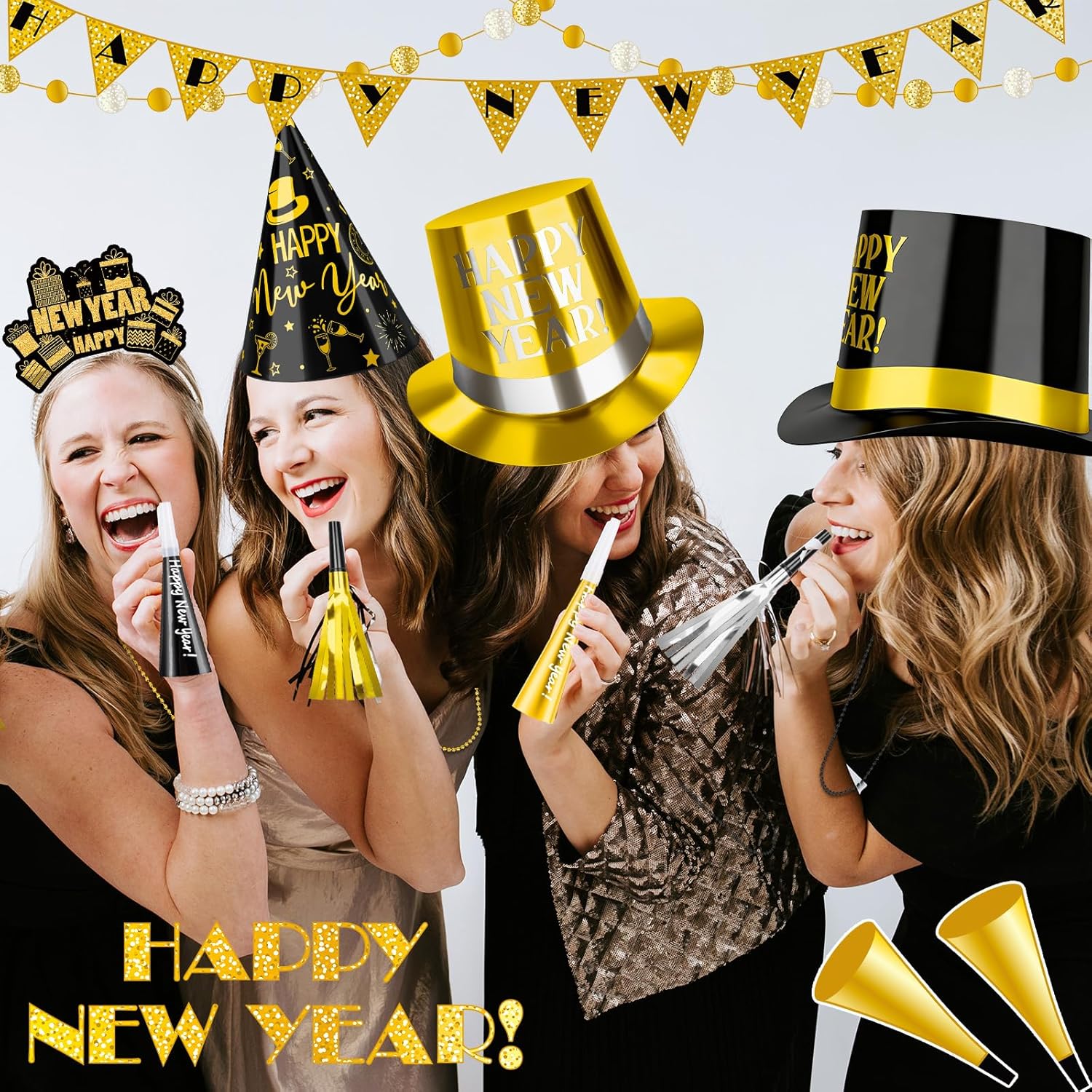 69 Pcs New Year's Eve Party Supplies Parper Top Hat Headband Cone Hats Party Blowers Fringed Noise Makers Bead Necklaces Set for Happy New Year and Christmas Decorations