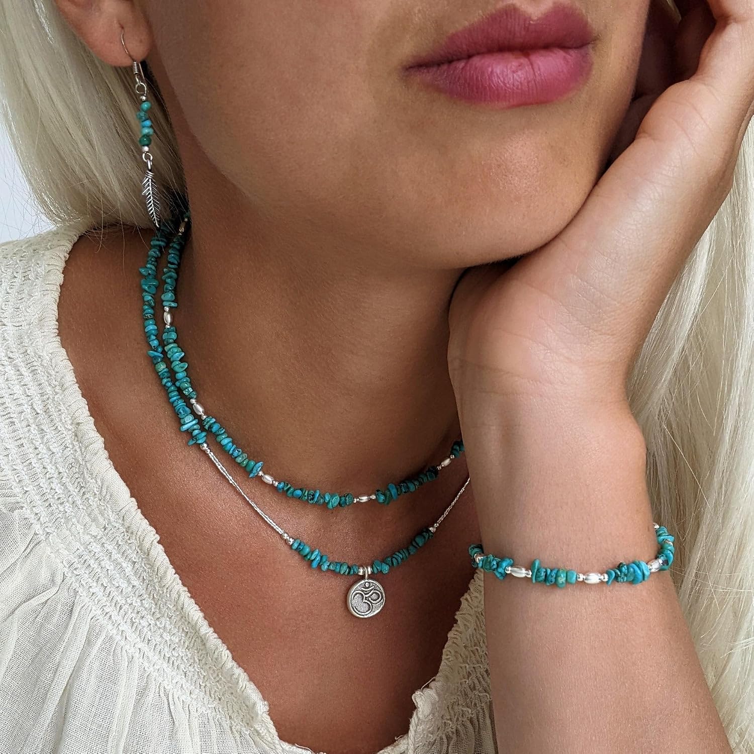 81stgeneration Natural Turquoise Bead Bracelet for Women in 925 Sterling Silver – Blue-Green Gemstone Chip Strand Bracelet for Stacking – Beaded Boho Jewelry - Colorful Birthstone Bracelets